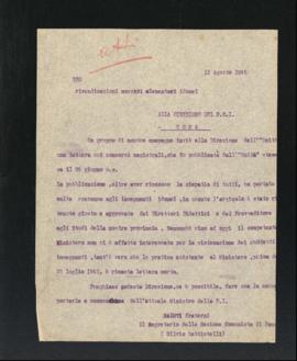 Lettera del Segretario della Sezione di Fano del Partito comunista italiano per la Direzione del PCI