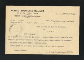 Lettera del Segretario della Sezione Andrea Costa di Fano del Partito socialista di unità proleta...