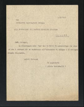 Lettera del Segretario della Sezione di Fano del Partito comunista italiano - PCI per la Federazi...