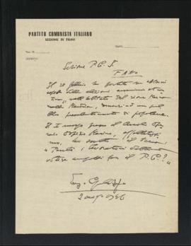 Lettera di Enzo Capalozza per la Sezione di Fano del Partito comunista italiano - PCI