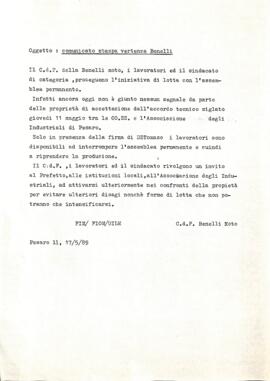 "Comunicato stampa vertenza Benelli" - 1989