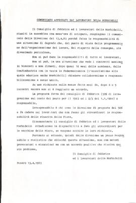 "Comunicato approvato dai lavoratori della Morbidelli" - 1983