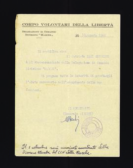 [Certificato rilasciato da Alberti relativamente al grado partigiano di Giuseppe Mari]