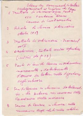 Elenco di documenti di Bruno Venturini inviati al sindaco di Fano